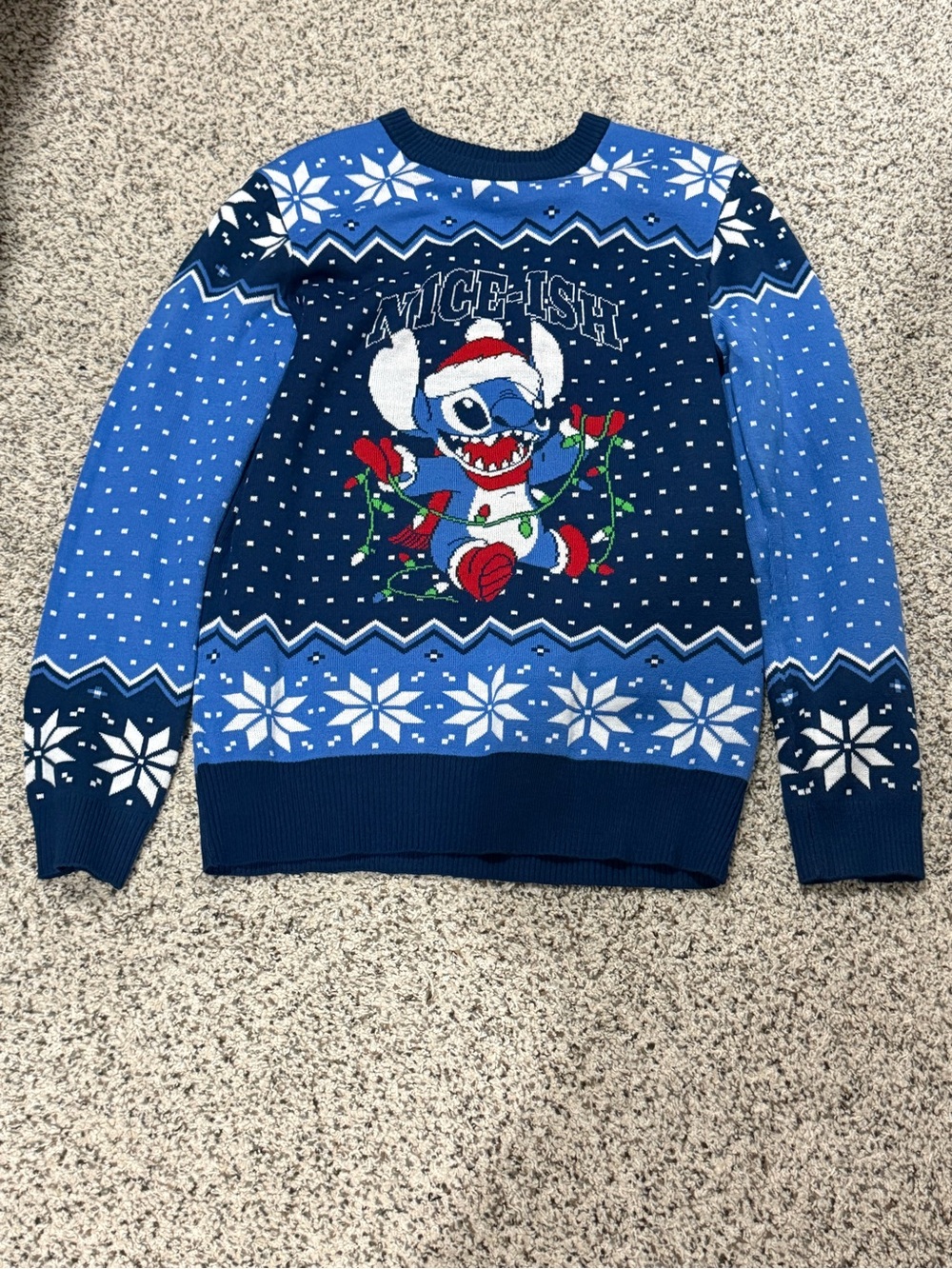 Disney Women's Blue Stitch Holiday Crewneck Sweater with Red & Green Accents